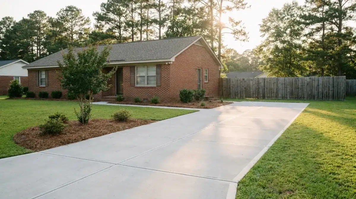 Broom-finish concrete driveway