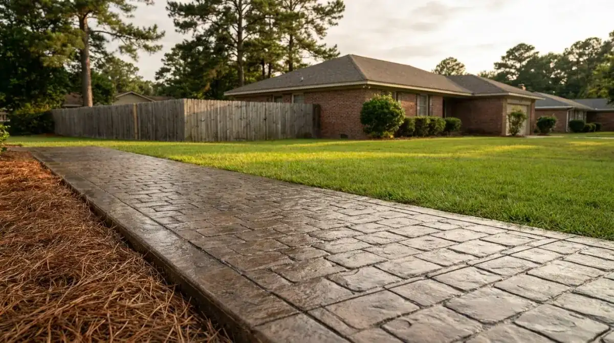 Cobblestone pattern stamped concrete walkway