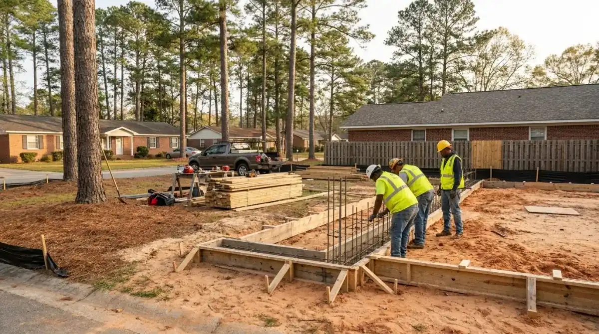 Crew setting forms and rebar for a concrete slab